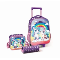 Imagem da promoção Kit Mochila Infantil Escolar com Rodinhas + Estojo e Lancheira Térmica Magic Kids Unicórnios