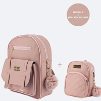 Imagem da promoção Kit Mochilinha Feminina Fivela Estilosa + Mini Mochila Pequena Com Alça De Costas Chaveiro Pompom