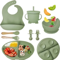 Imagem da promoção Kit 8pçs Talheres de Silicone p/ Bebê com Ventosa, Colher, Garfo, Canudo e Babador Infantil