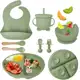 Kit 8pçs Talheres de Silicone p/ Bebê com Ventosa, Colher, Garfo, Canudo e Babador Infantil em oferta