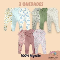 Imagem da promoção Kit 3 Macacão Longo Bebê Ribana Estampada100% Algodão com Zíper Menina Menino Enxoval Maternidade