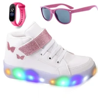 Imagem da promoção Kit Tenis Feminino Infantil Botinha Borboleta De Led Meninas Cano Alto + Óculos + Relógio Barato Mac