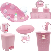 Imagem da promoção Kit Para Banho Organizador Bebê Baby Rosa Menina Banheira Saboneteira Cestos E Lixeira
