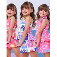 Imagem da promoção conjunto infantil menina estampa colorida short e blusa tecido sedinha