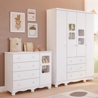 Imagem da promoção Quarto de Bebê Completo com Guarda Roupa Uli 4 Portas Cômoda Uli 4 Gavetas Móveis Peroba Branco Bril