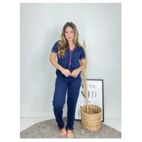 Imagem da promoção Pijama De Malha De Botão Liso Blusa Manguinha Calça Longa Linha Noite Confort Amamentação De Malha P