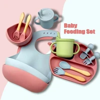 Imagem da promoção Baby Tableware 6/8 Peças Talheres Silicone Infantil Com ventosa Canudo Colher Babador