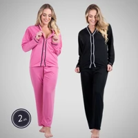 Imagem da promoção Kit 2 Conjuntos Pijama Longo Botão Roupa De Dormir Amamentação Pós Parto