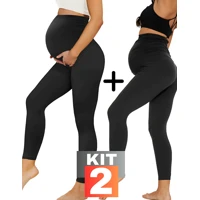 Imagem da promoção Kit 2 Legging gestante calça grávida maternidade suplex conforto barriga cós alto plus size curva