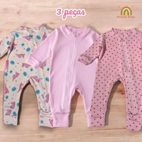 Imagem da promoção Kit com 3 macacões estampado para menina rosa com zíper